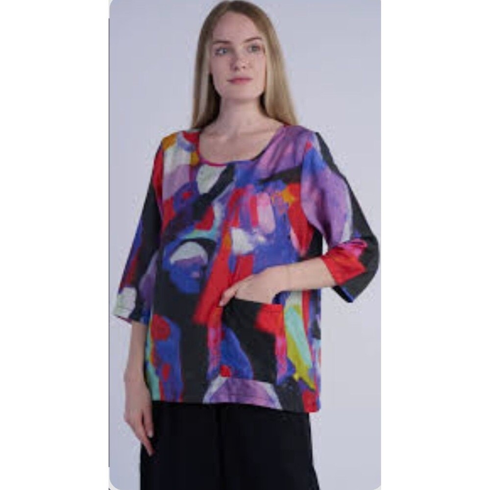 Shana Abstract Printed Patch Pocket Top Women's Large Boxy Art To Wear Pullover